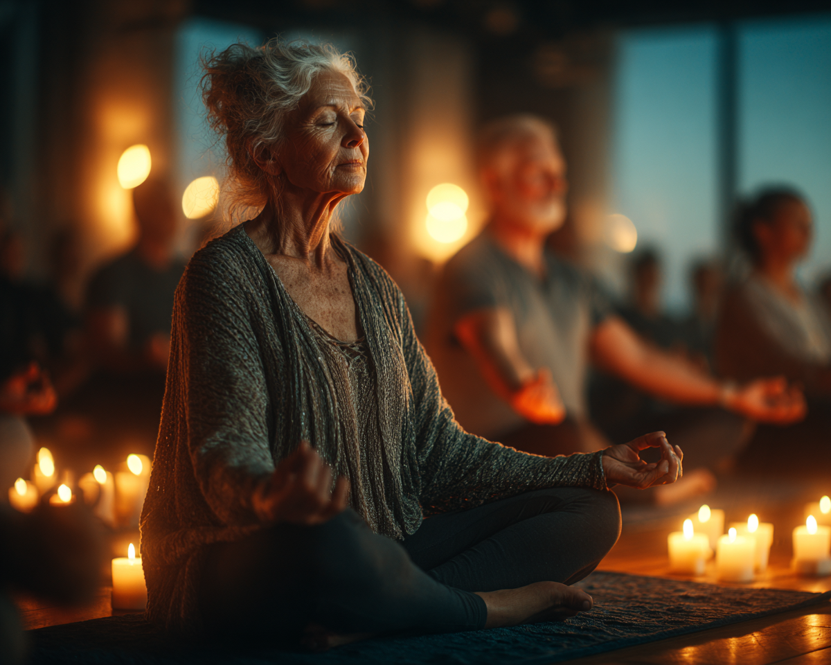 Instructor yoga cu participant matur în poziție de meditație