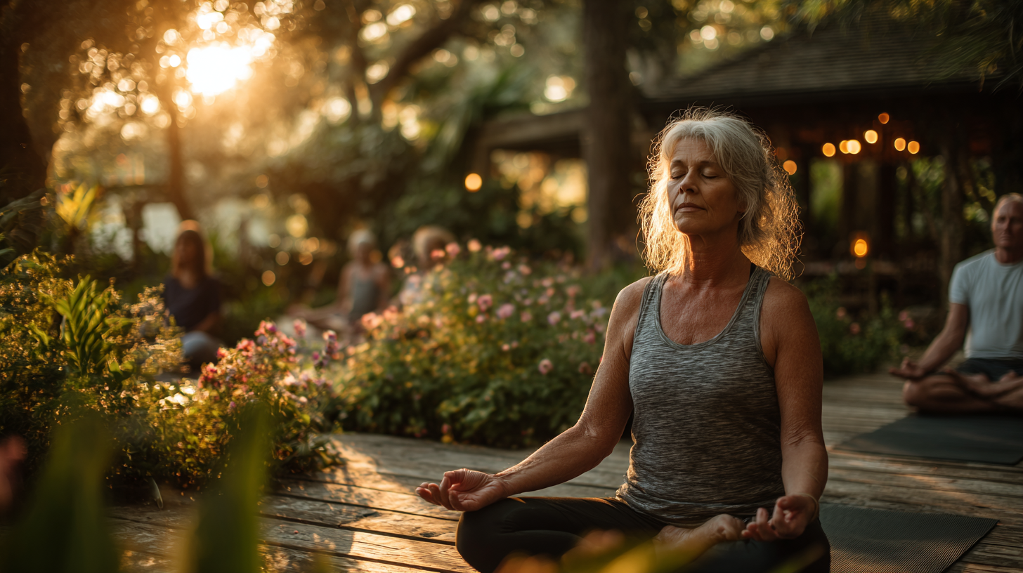 Grup de persoane mature practicând yoga în natură